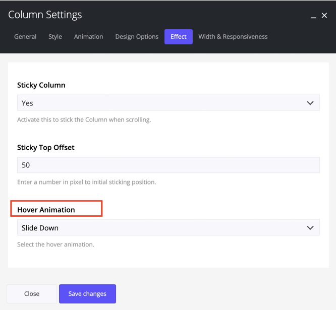 Column Hover animation in Impeka
