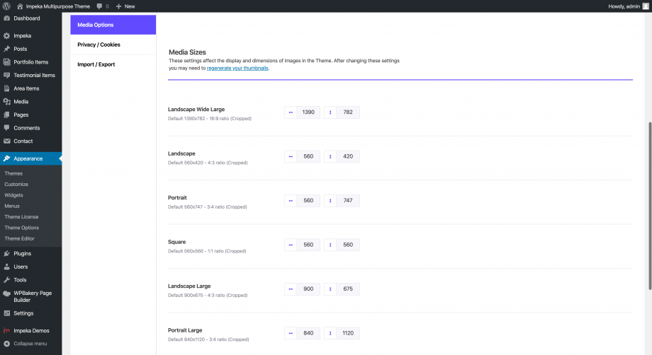Image Sizes in Impeka Multipurpose WP theme