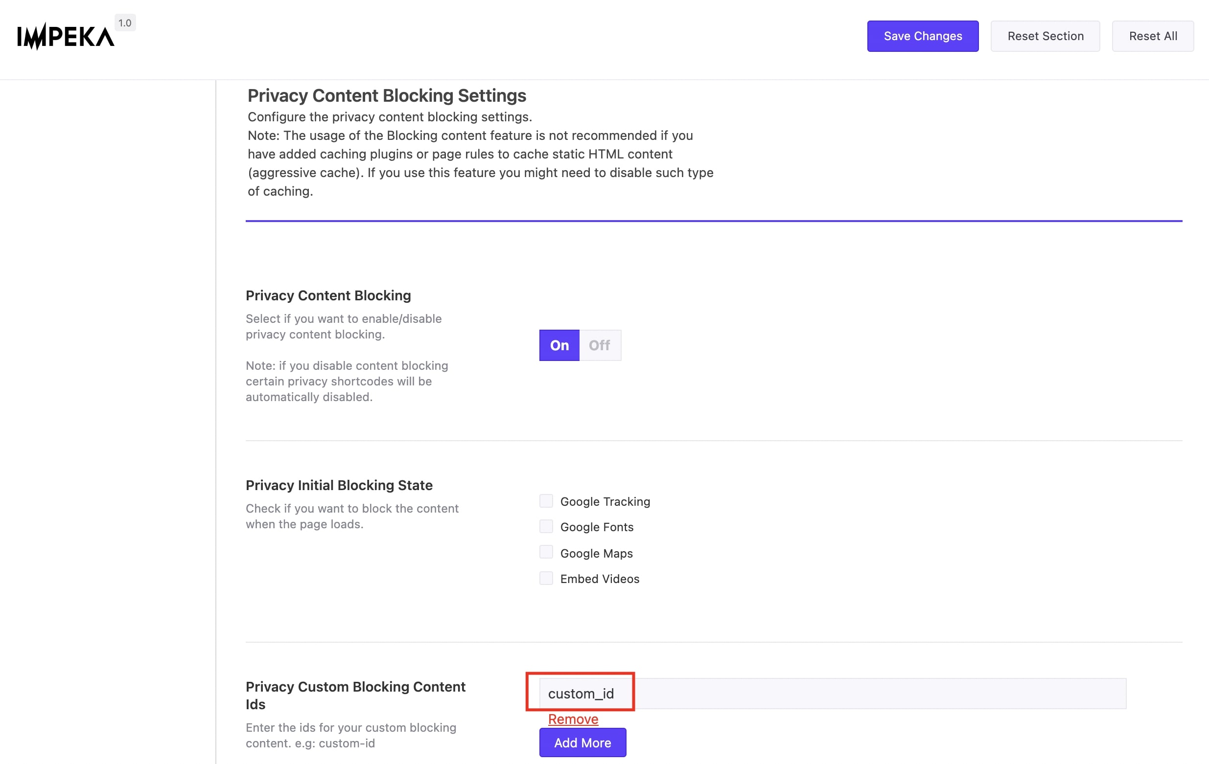 Privacy Custom Blocking in Impeka