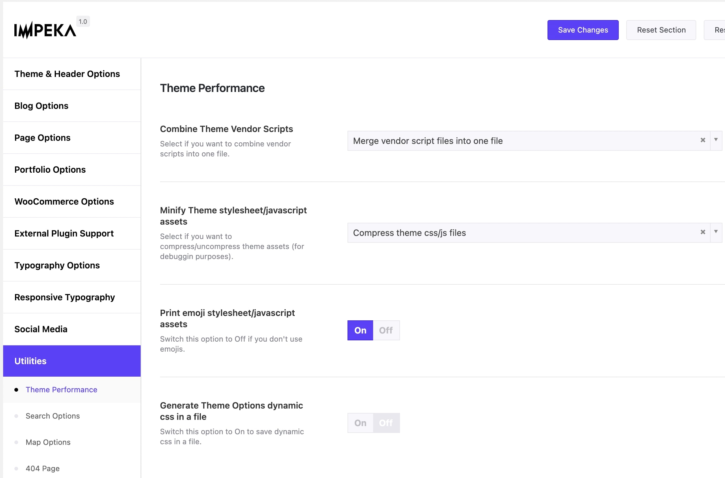 Theme Performance options in Impeka