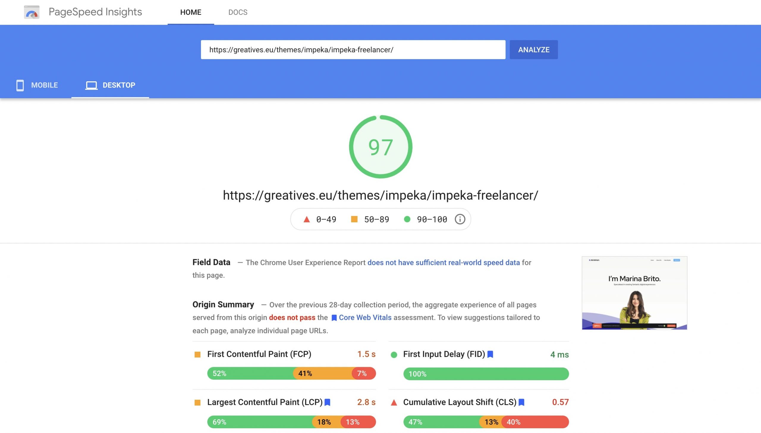 Impeka Freelancer on PageSpeed Insights