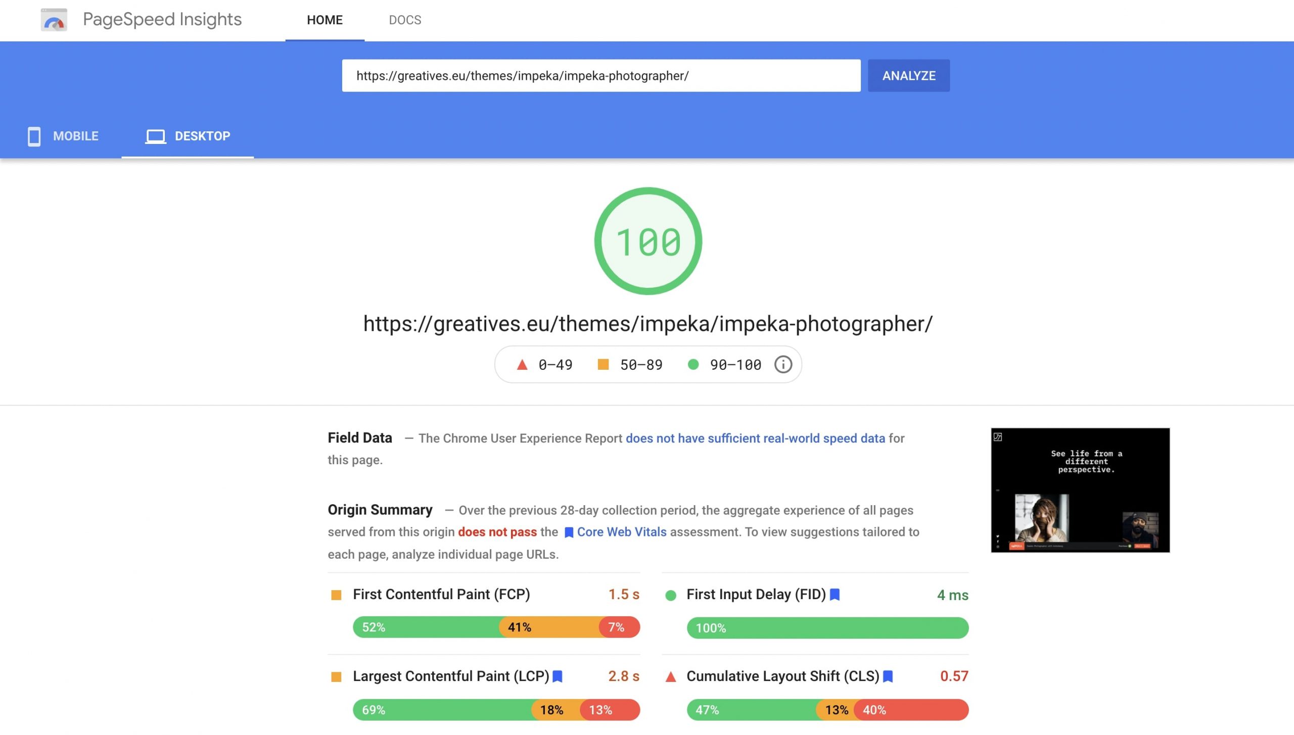 Impeka Photographer on PageSpeed Insights